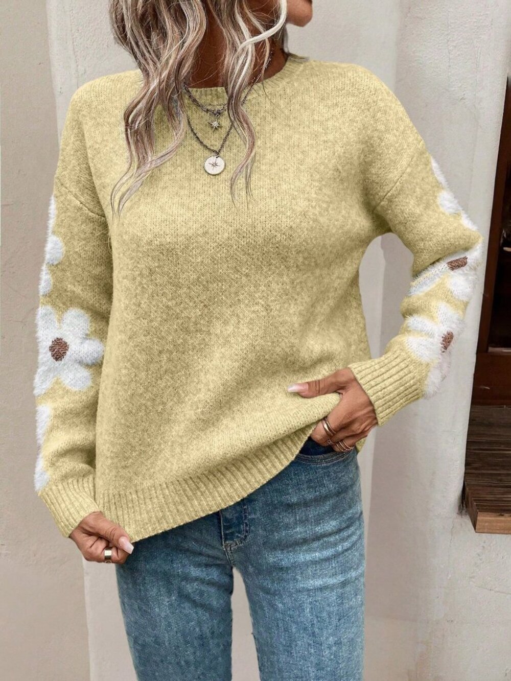 Apricot Women's Casual Floral Pattern Crew Neck Long Sleeve Pullover Sweater - Picture 5 of 6